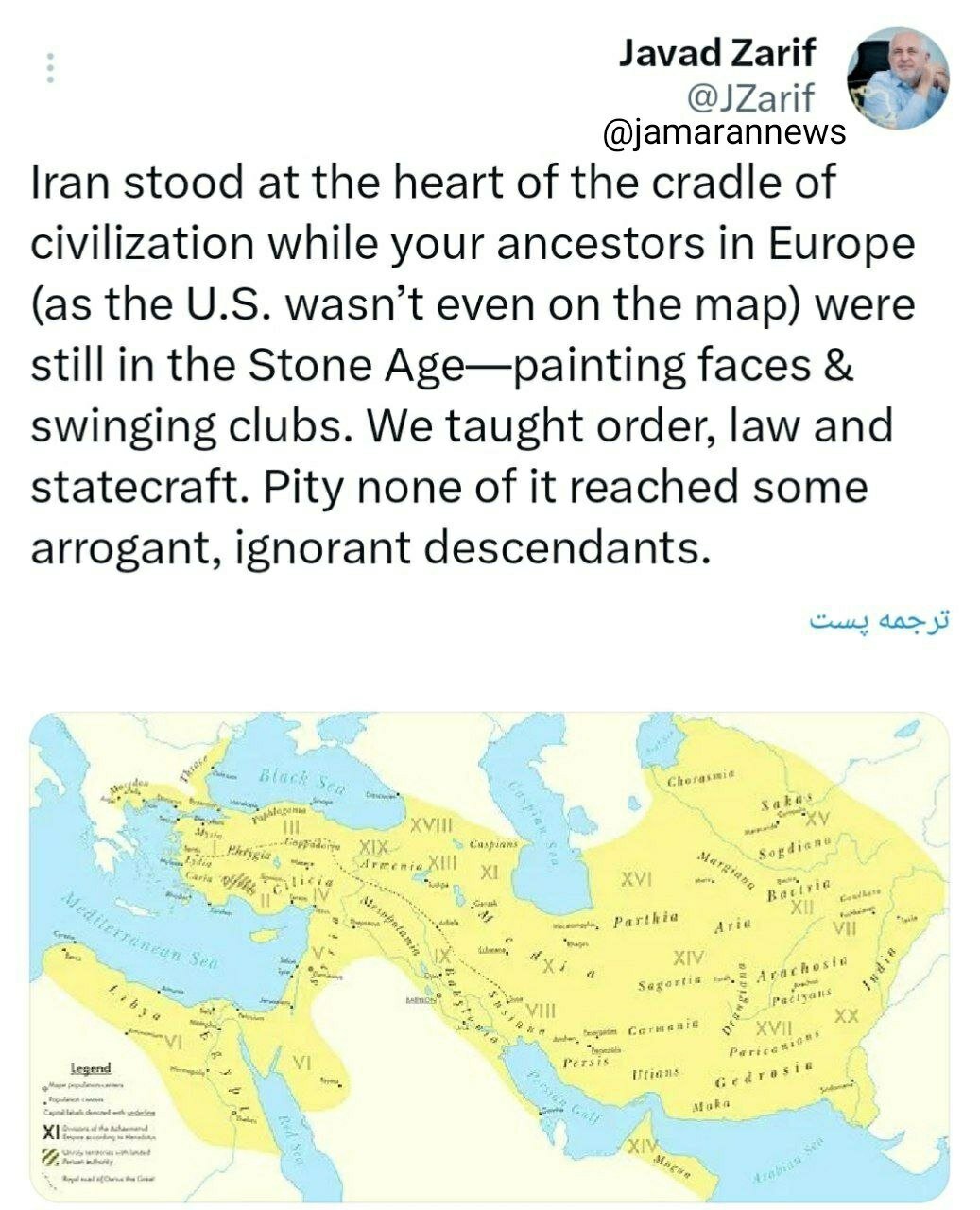 کنایه سنگین ظریف به ترامپ/ وقتی نیاکان شما در اروپا صورتهایشان را رنگ میکردند و با چماق به جان هم میافتادند ما هنر حکمرانی آموزش میدادیم!