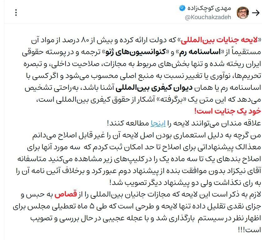 ادعای جنجالی کوچکزاده؛ دولت مجازات اعدام و قصاص را از لایحه «جنایات بینالمللی» حذف کرد/ لایحه عمدتا برگرفته از اساسنامه رم است