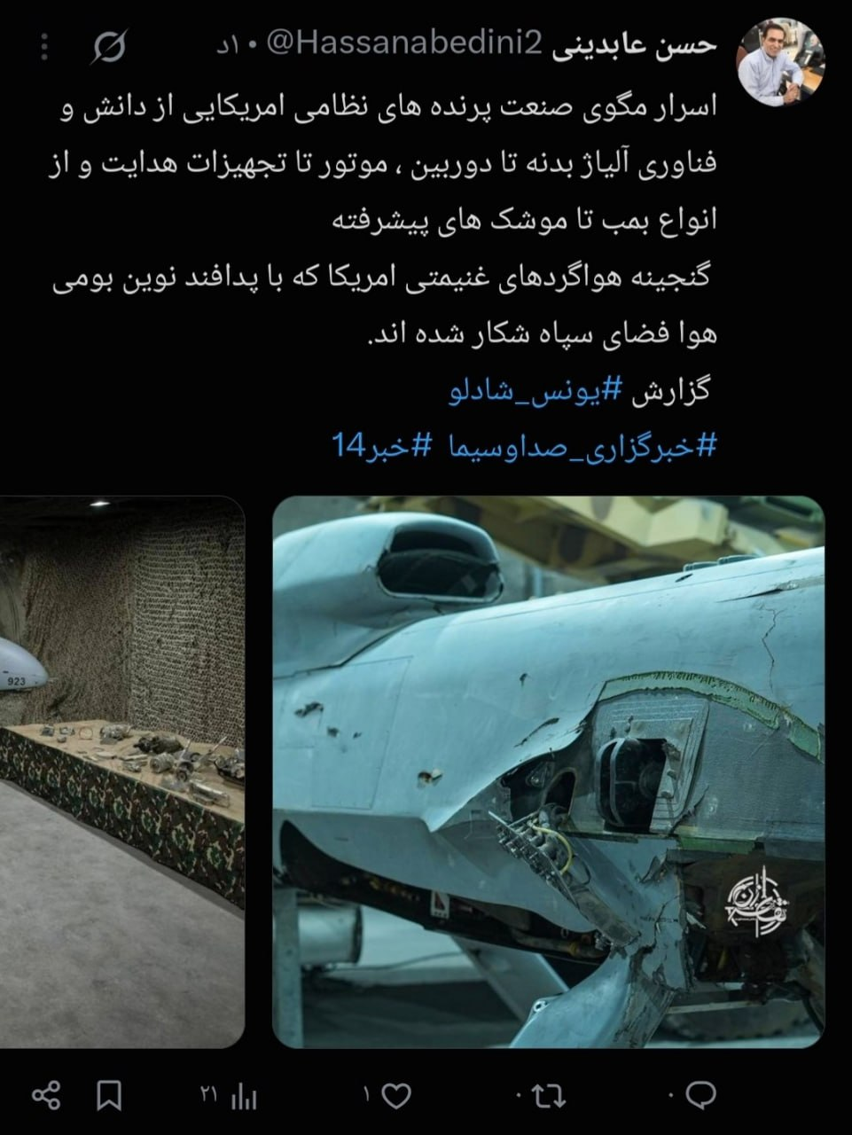 توئیت معاون سیاسی صداوسیما: سپاه با پدافند بومی هواگردهای آمریکا را شکار و غنیمت گرفت